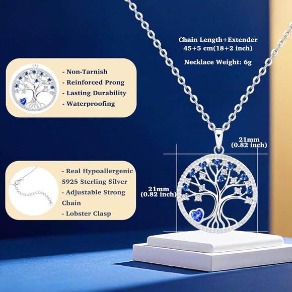 Women's Pendant Charm Adjustable Chain Sterling Birthstone Blue Tree Necklace - Picture 4 of 6